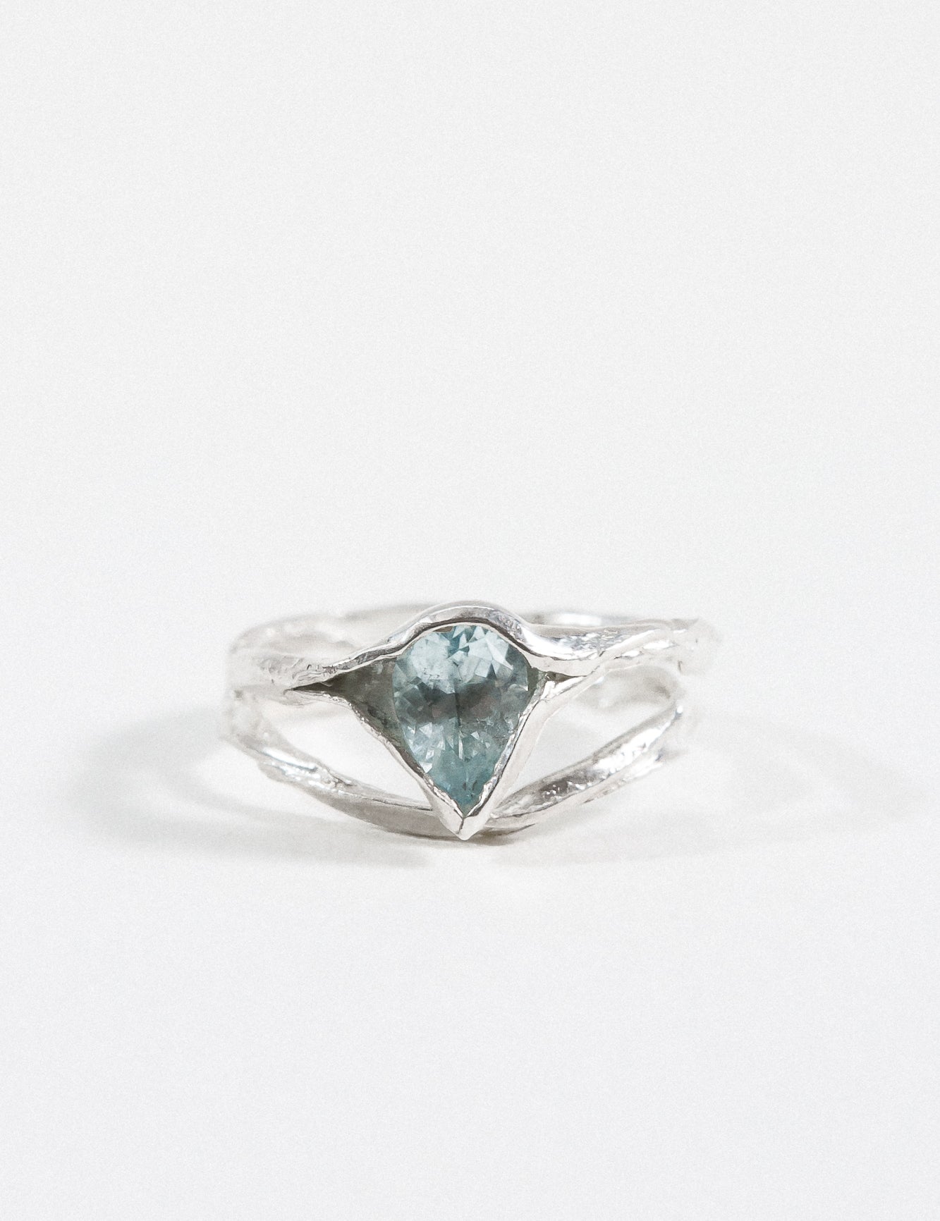 “Sterling silver ring with an aquamarine gemstone, shown front-facing on a white background.