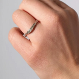 Silver ring with lab-grown diamonds worn on a finger, showing how it looks when worn.