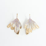 Complete pair of Lavender Flower Wing Earrings on a white background, botanical design in gold-plated brass.