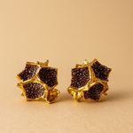  Close-up of a pair of Galaxea stud earrings in rust—gold-plated star-shaped earrings filled with clusters of rust-colored glass granules—on a warm beige background.