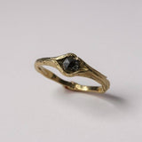 Side-angled view of the 10k yellow gold ring with a salt-and-pepper diamond, showing the organic sculpted band.