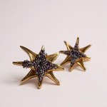Pair of gold-tone star-shaped stud earrings encrusted with small rust crystals, displayed on a pale pink background.