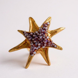 Single gold star-shaped stud earring with purple crystals on a plain white background.
