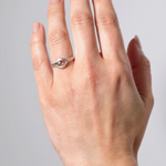 Sterling silver Sunstone ring worn on a hand, photographed against a light grey background.
