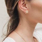 Close-up side view of a woman’s ear wearing a gold star stud earring, with her hair tucked behind the ear.