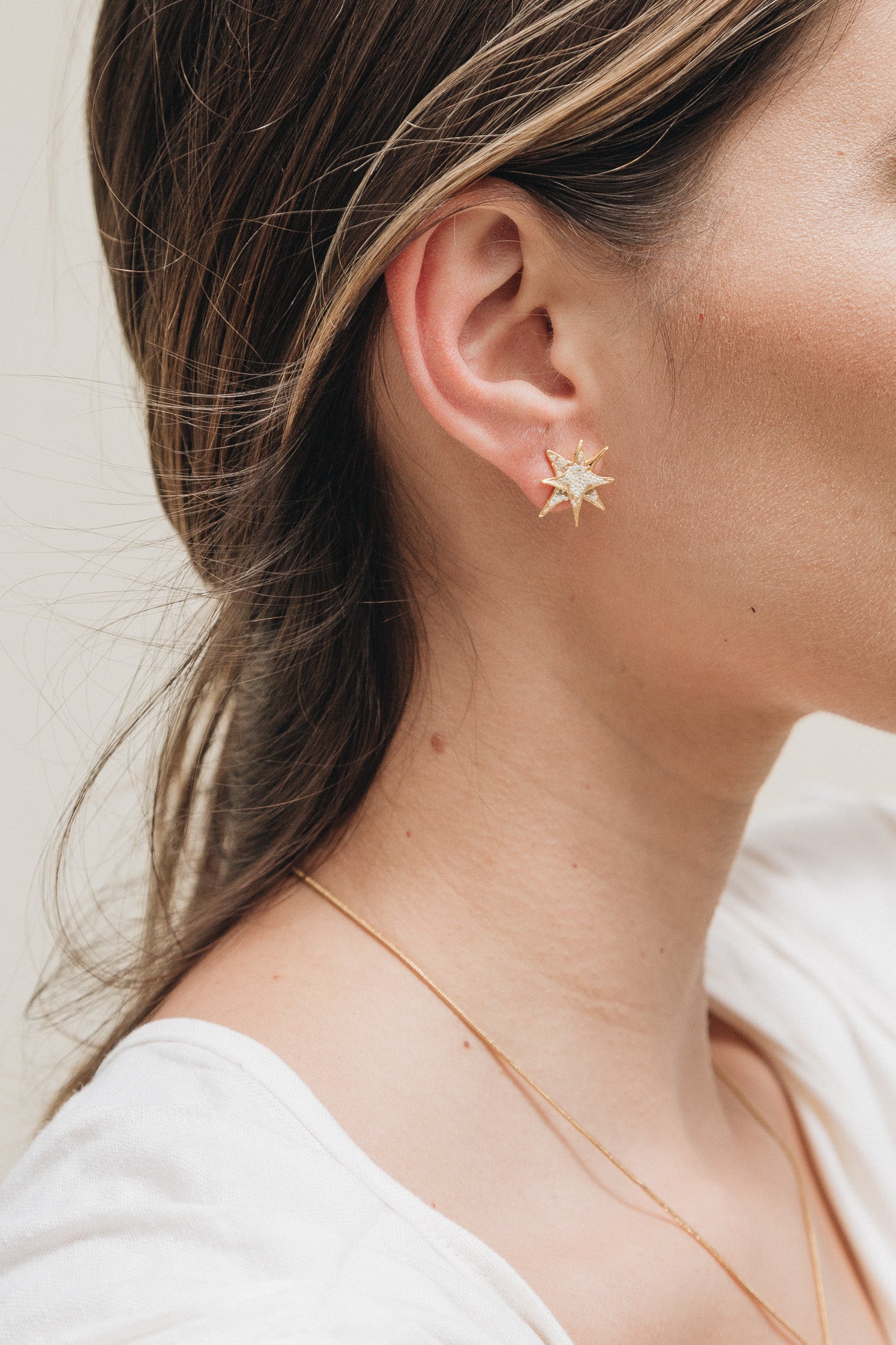 Close-up side view of a woman’s ear wearing a gold star stud earring, with her hair tucked behind the ear.